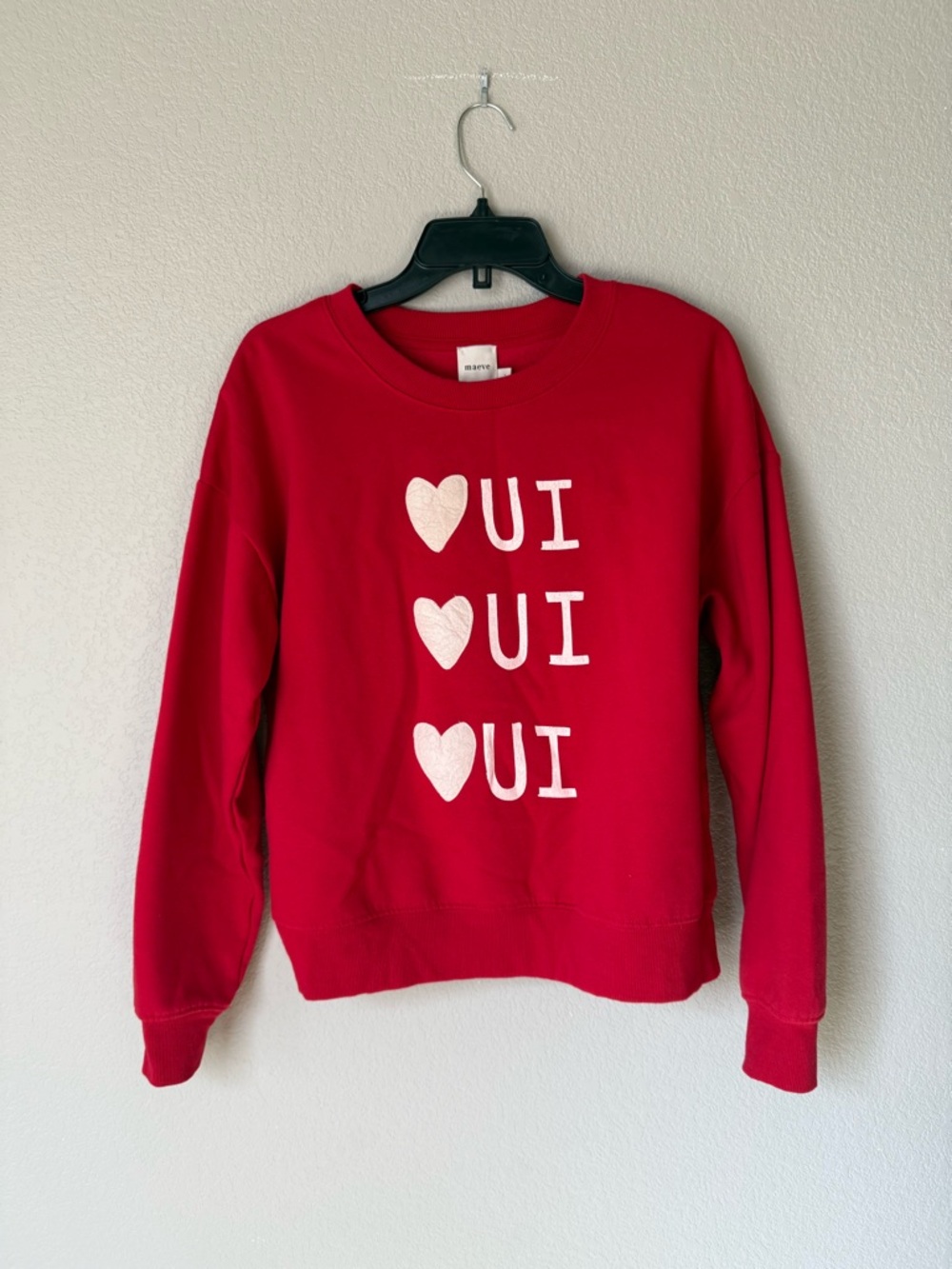 Maeve Red Crewneck Sweatshirt with Stacked White Heart French Graphics - Small
